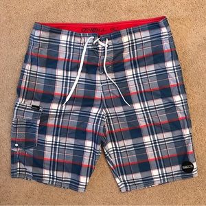 O Neill Mens Boardshorts Swimwear Size 34 Blue Red Plaid
